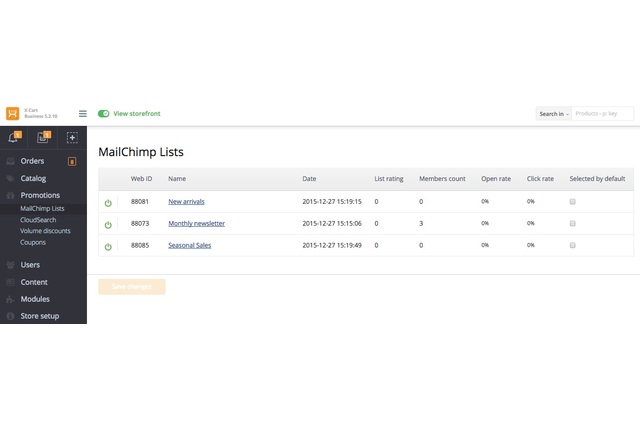 Mailchimp Lists overview in X-Cart 5 admin back-end