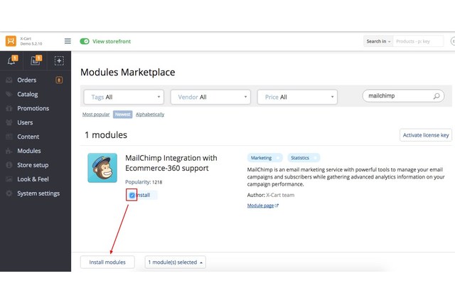 Find MailChimp in X-Cart 5 marketplace and install in a couple of clicks