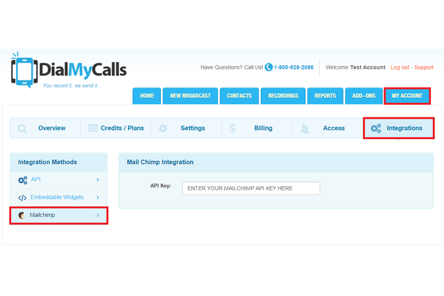 This is where you add your MailChimp API Key into the DialMyCalls Voice / SMS Broadcasting System