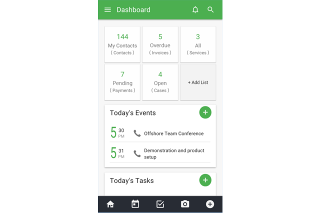 The Vtiger 360 mobile app's dashboard