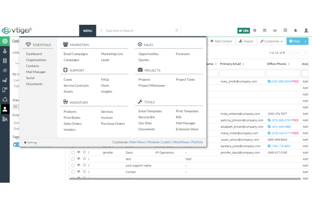 The Vtiger CRM menu layout and contact listview in the background